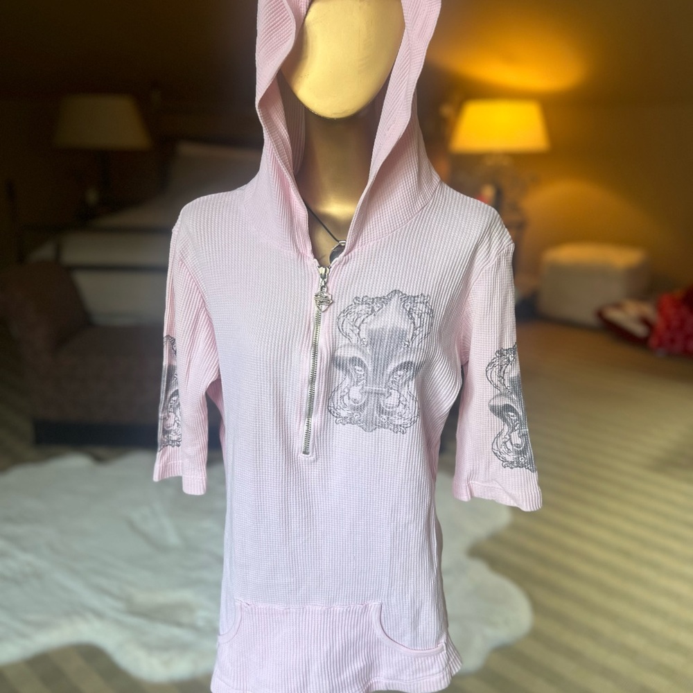 Sledge Pink Hooded Half-Zip Top with Decorative Print